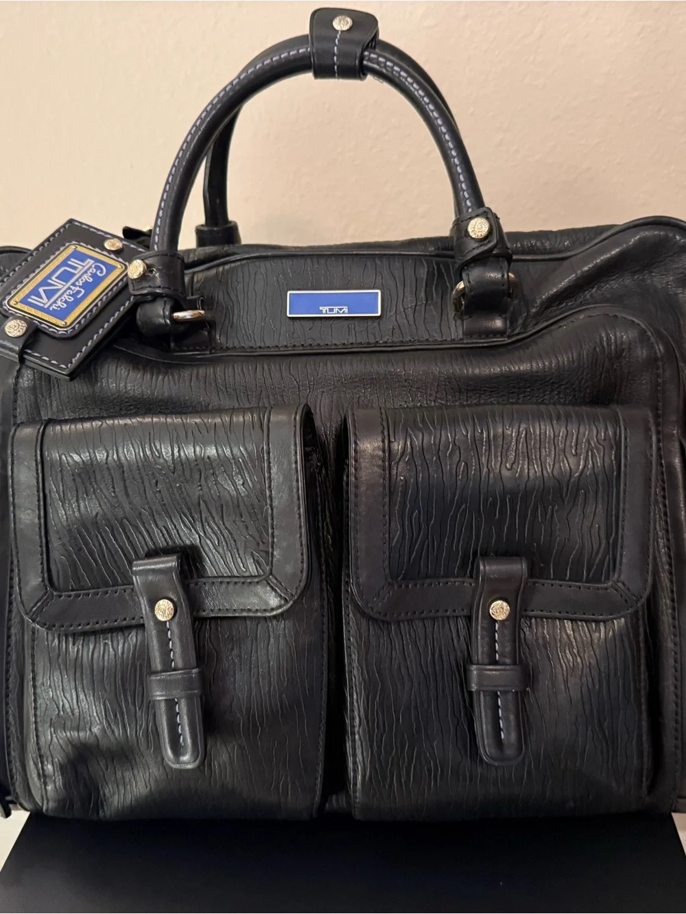 Tumi Carlos Falchi Black/Blue Leather Laptop Briefcase with Dual Front Pockets